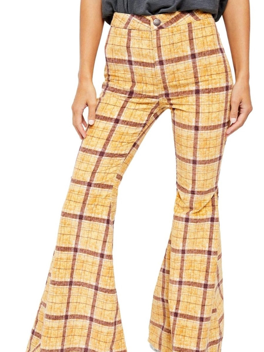 NWT Free People Mustard Plaid Flared Pants Size 30